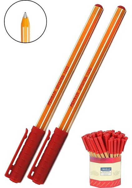 Kırmızı Tükenmez Kalem 1010 1.0mm 2 Adet Pensan Büro Ofispen Büro Plastik Kapaklı Tükenmez Kalem