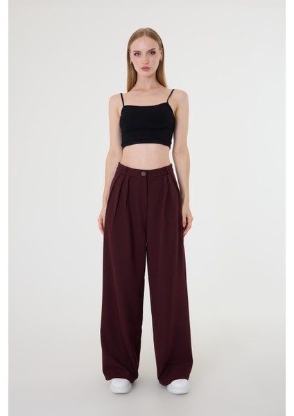 Kadın Bordo Pile Detaylı Palazzo Pantolon