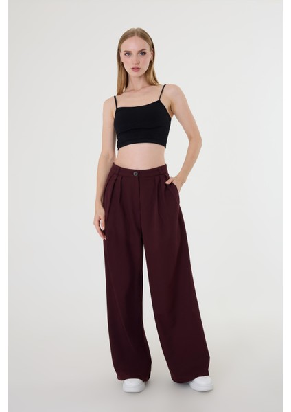 Kadın Bordo Pile Detaylı Palazzo Pantolon fiyatları
