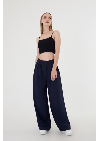 Kadın Lacivert Pile Detaylı Palazzo Pantolon