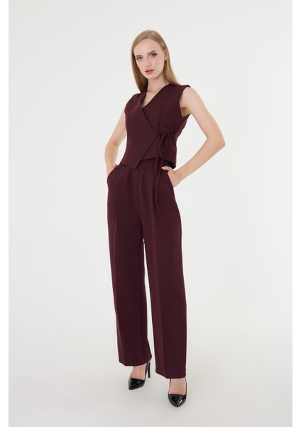 Kadın Yandan Bağlamalı Asimetrik Bordo Yelek Takım