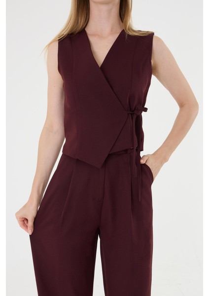 Kadın Yandan Bağlamalı Asimetrik Bordo Yelek Takım indirimleri