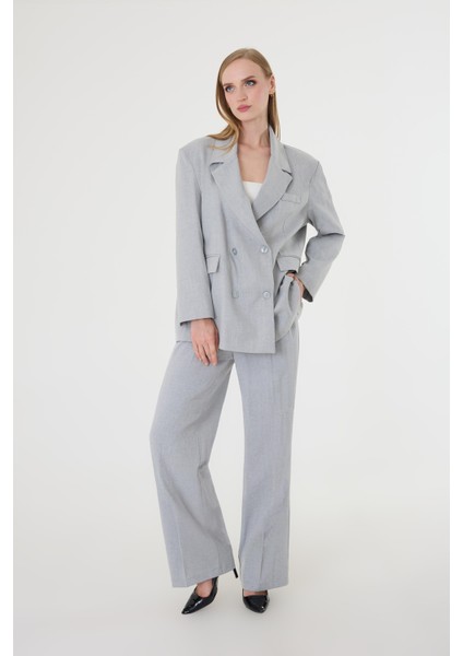 Kadın Gri Poliviskon Blazer Ceket Pantolon Takım