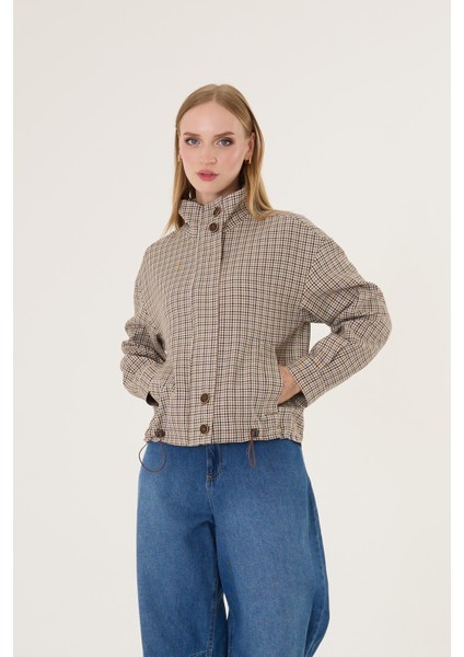 Kadın Bej Kareli Bomber Ceket