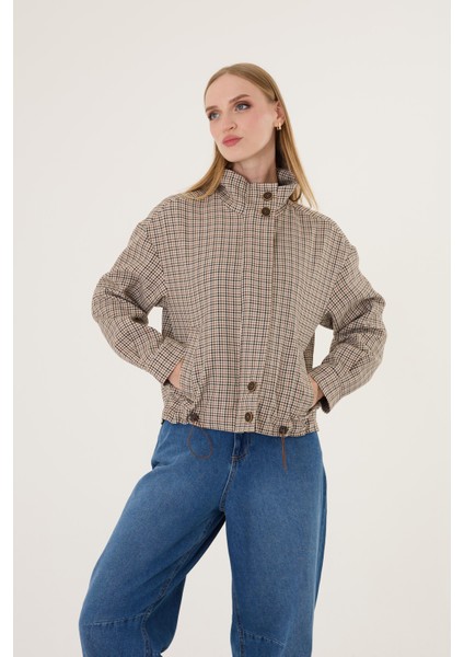 Kadın Bej Kareli Bomber Ceket fiyatları