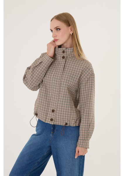 Kadın Bej Kareli Bomber Ceket modelleri