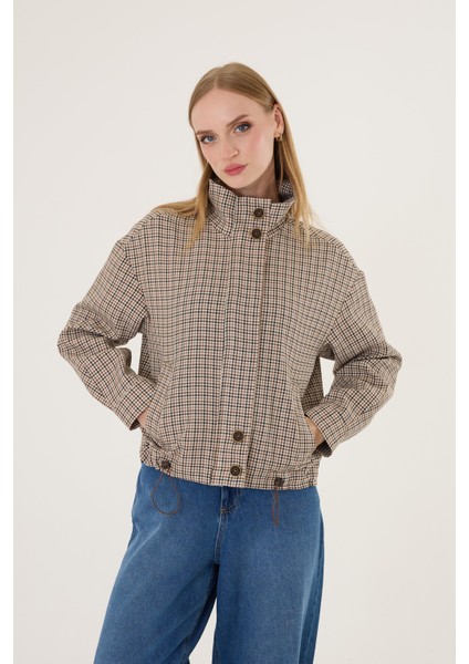 Kadın Bej Kareli Bomber Ceket indirimleri