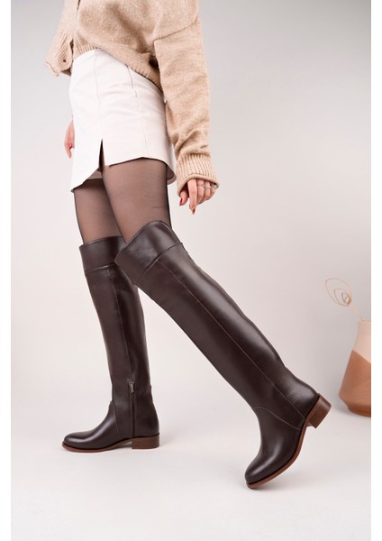 Icona Model Hakiki Deri Uzun Dizüstü Kıvırmalı Yandan Fermuarlı Günlük Kadın Çizme