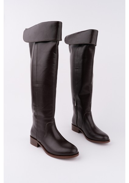 Icona Model Hakiki Deri Uzun Dizüstü Kıvırmalı Yandan Fermuarlı Günlük Kadın Çizme