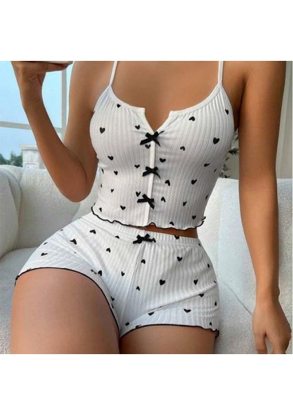 Mdb Mdbshop Beyaz Üstüne Siyah Kalp Desenli Askılı Şortlu Pijama Takımı