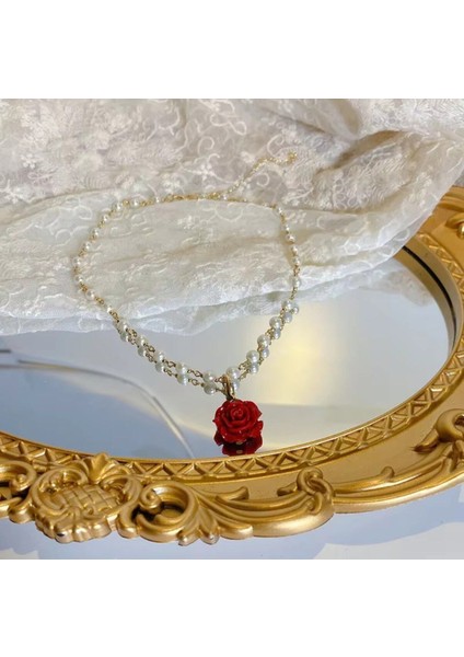 Kırmızı Çiçek Detaylı Inci Kadın Kolye - Zarif ve Şık fiyatları