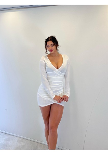 Beyaz Parlak Lame Kum.kruvaze Uzun Kol.mini Elbise