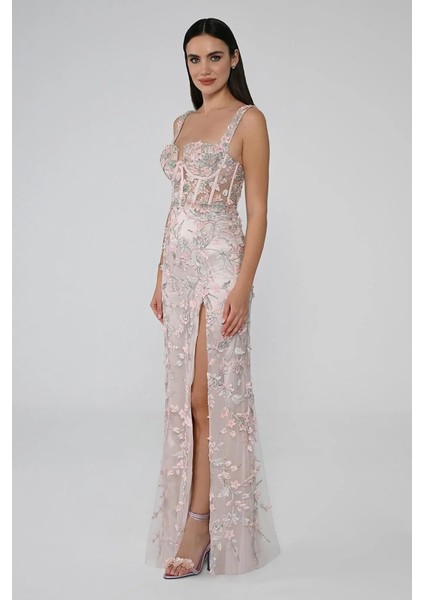 Pudra Mint Yırtmaçlı Transparan Korsaj Bedenli Abiye Elbise