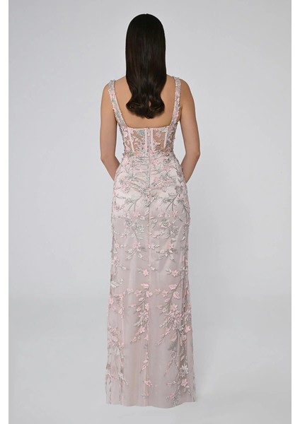 Pudra Mint Yırtmaçlı Transparan Korsaj Bedenli Abiye Elbise fiyatları