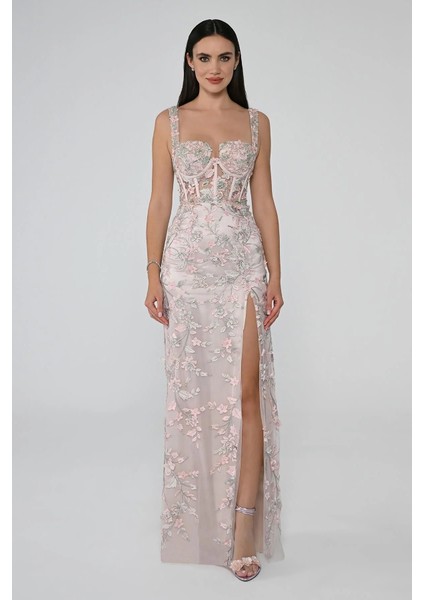 Pudra Mint Yırtmaçlı Transparan Korsaj Bedenli Abiye Elbise modelleri
