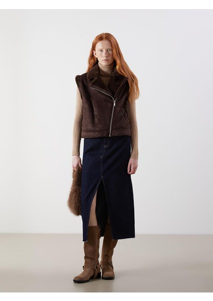 Kürklü Biker Yaka Süet Kadın Yelek (W5) modelleri
