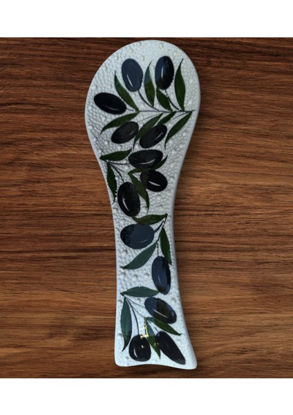 El Yapımı Zeytin Dalı Desenli Noktalı Seramik Kaşıklık Kaşık Altlığı