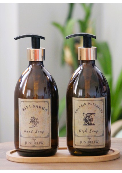 3lü Set Gold Vintage Boş Amber Cam Şişe Bulaşık Deterjanlık Sıvı Sabunluk 2X500ML Ahşap Altlık