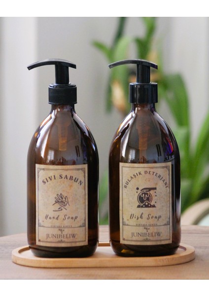 3lü Set Vintage Etiket Boş Amber Cam Şişe Bulaşık Deterjanlık Sıvı Sabunluk 2X500ML Ahşap Altlık