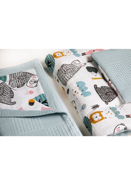 Doğa Hayvanları Mavi Yastıklı Alt Açma Minderi ve Battaniyesi, 40*70 Mat, 80X80 cm Battaniye fiyatları
