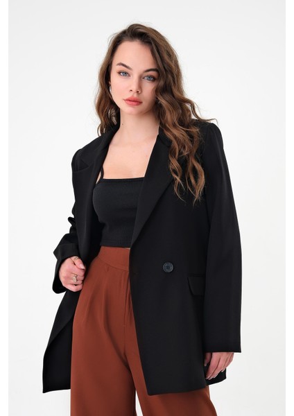 Siyah Çift Düğmeli Blazer Ceket