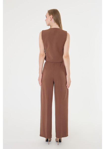 Kadın Yandan Bağlamalı Asimetrik Kahverengi Yelek Takım fırsatları