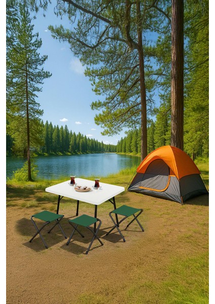 45X60 cm Kamp Sehpası + 3 Adet Yeşil Tabure Piknik, Bahçe Balkon Sehpası Katlanır Sehpa-B-3y