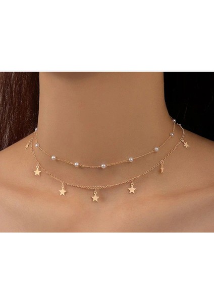 Zarif Yıldız Detaylı Altın Renk Kadın Kolye Seti