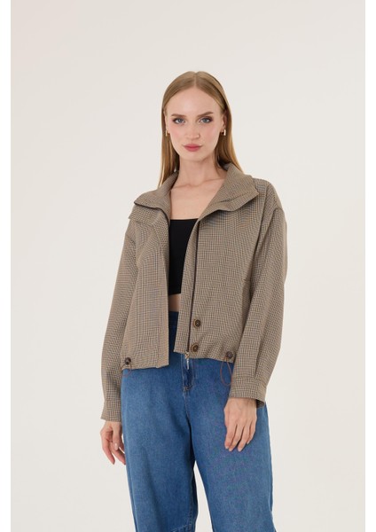 Kadın Vizon Kareli Bomber Ceket