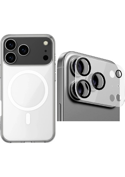 iPhone 17 Pro Kılıf M-Safe Şarj Özellikli Şeffaf Sert Pc Zore Embos Kapak + Cam Kamera Lens Koruyucu