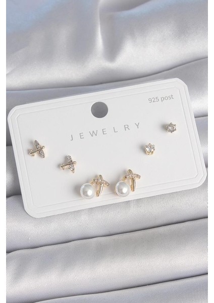 Pirinç Gold Renk Zirkon Taşlı Kelebek Model Inci Detay 925 Ayar Gümüş Çivi Kadın Küpe Seti -BKP10478