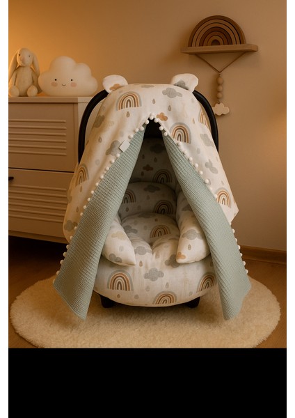 %100 Pamuk Müslin ve Pikeli Çift Kat Puset Örtüsü & Minderi ve Çarşafı