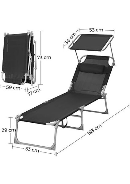 GCB192B01 Şezlong, Baş Destekli Rahatlama Şezlongu, Sırtlık ve Güneş Şemsiyesi, Eğilebilir, Hafif, Katlanabilir, 53 x 193 x 29,5 Cm, Taşıma Kapasitesi 150 Kg, Bahçe, Siyah modelleri
