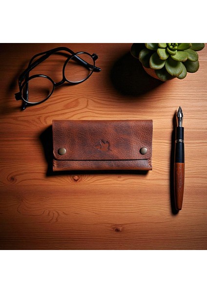 Kahve Taba Tütün Kesesi Cüzdan Tütün Çantası Hakiki Deri 17 x 8.5 cm Özel Dikişli Tütünlük