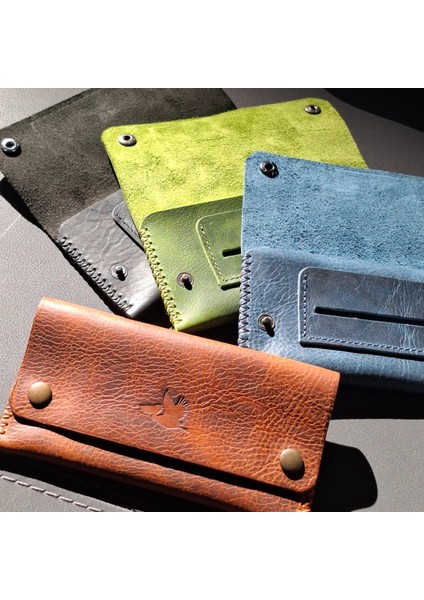 Kahve Taba Tütün Kesesi Cüzdan Tütün Çantası Hakiki Deri 17 x 8.5 cm Özel Dikişli Tütünlük