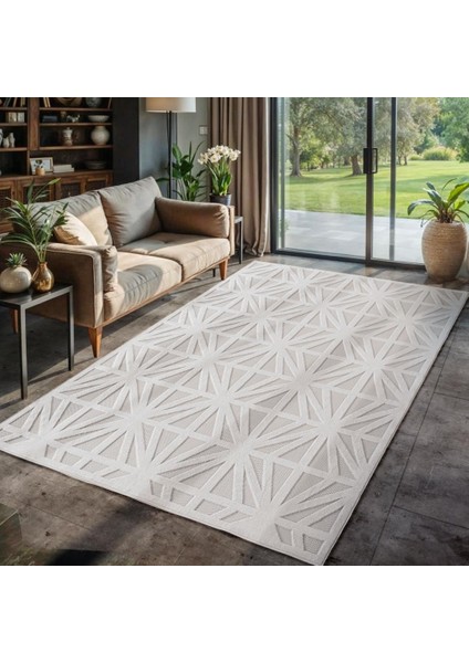 Modern Krem Renkli Zigzag Desenli Bohem Salon Mutfak Mekan Teras Balkon Oda ve Çocuk Halısı Oymalı Halı