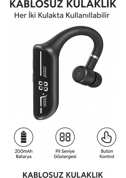 Kablosuz Tekli Bluetooth Kulaklık Buton Kontrollü, Her Iki Kulakta Kullanıma Uygun Göstergeli