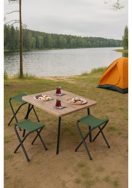 45X60 cm Kamp Sehpası + 3 Adet Yeşil Tabure Piknik, Bahçe Balkon Sehpası Katlanır Sehpa-A-3y