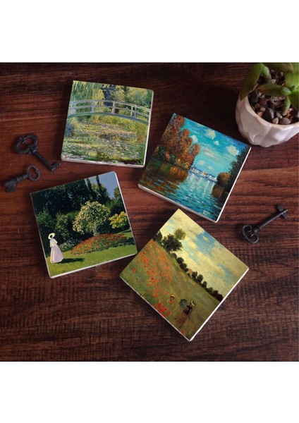 Stone Claude Monet Sonbahar, Bahçedeki Kadın, Gelincikler, Nilüfer Gölü Taş Bardak Altlığı Seti - 4 Parça - Dekoratif, Rustik, 10X10 Cm, Kaydırmaz Tabanlı, Şık ve Dayanıklı SC535