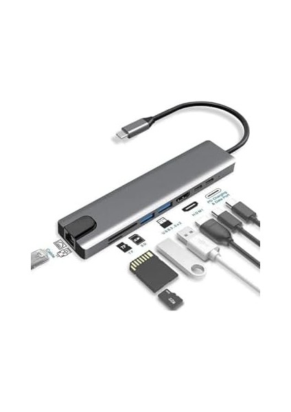 To HDMI Ethernet Typec Hub 8in1 Port Çoklayıcı Macbook ile Ile Uyumlu Çoğaltıcı Type C To USB Converter Hub Typec Ethernet HDMI Sd Kart USB Typec Çevirici fiyatları