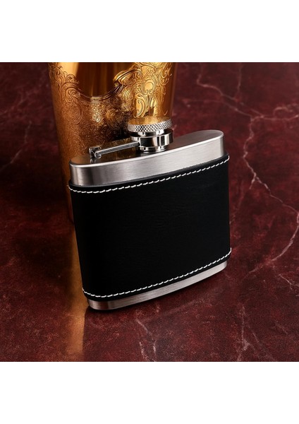 Siyah Derili 5 OZ-150 cc Hunili Çelik Viski Içki Konyak Matarası