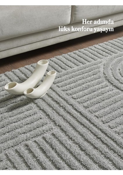 Yumuşak Peluş Tüylü Iskandinav Desenli Kabarık Bukleli Gri Renkli Yuvarlak Halı