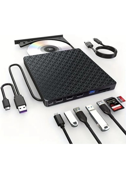 7in1 Harici USB 3.0 ve Type-C Dvd-Rom Dvd-Rw Optik Sürücü, USB ve Type C Kablolu, Pc, Tablet, DVD Player, Desenli Tasarım Ultra Slim CD Rom Okuyucu CV440
