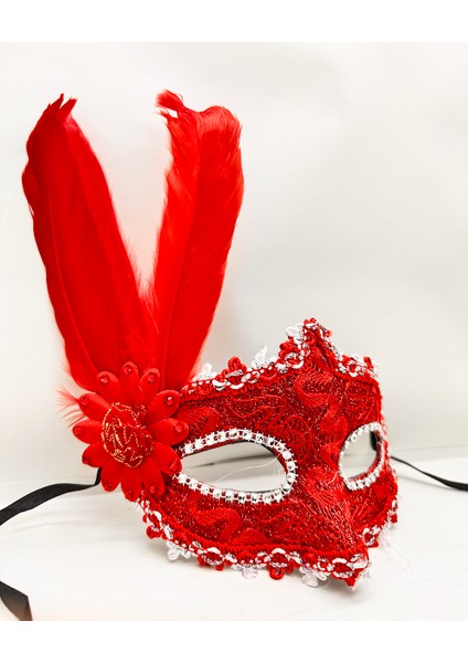 Kırmızı Renk Tüylü Dantelli Gözleri Taşlı Balo Parti Maskesi