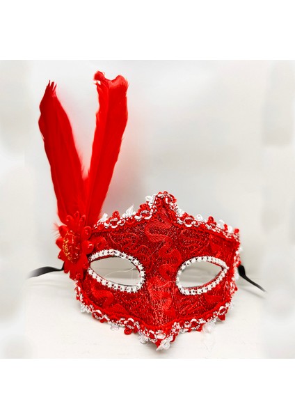 Kırmızı Renk Tüylü Dantelli Gözleri Taşlı Balo Parti Maskesi fiyatları