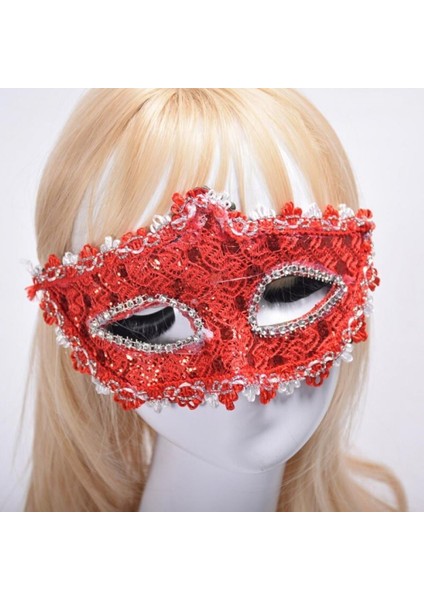 Kırmızı Renk Gözler Kristal Taşlı Dantelli Parti Maskesi