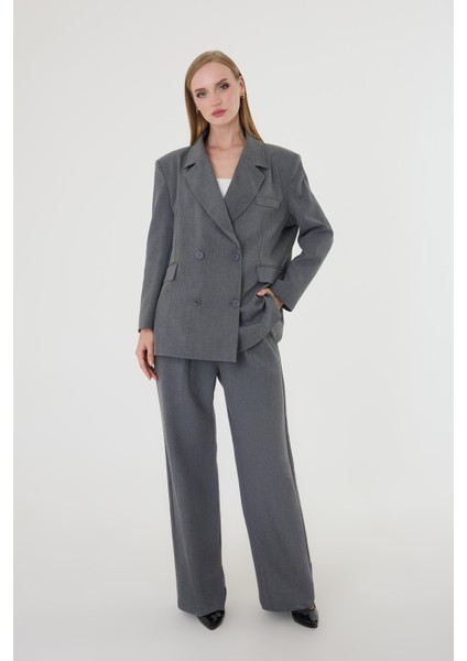 Kadın Antrasit Poliviskon Blazer Ceket Pantolon Takım