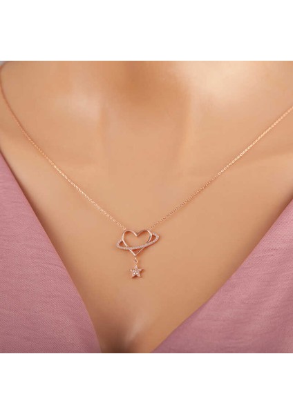 925 Ayar Gümüş Rose Kalp Yıldız Kadın Kolye T7350
