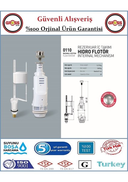 Klozet Rezervuar İç Takımı Basmalı - Orjinal Ürün - 5 Yıl Garanti fiyatları