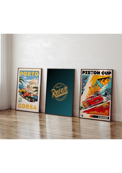 3 Lü Şimşek Mcqueen, Arabalar Filmi Poster, Çocuk ve Genç Odası, 3'lü Çerçevesiz Poster Seti 3 Adet